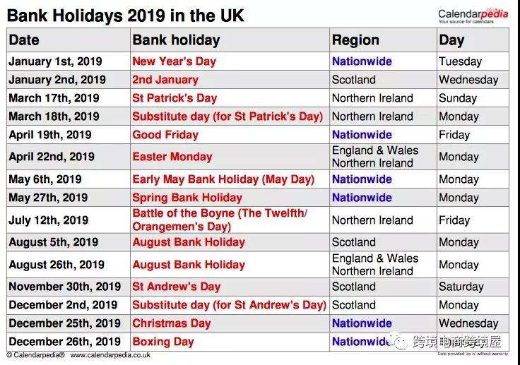 2019年节假日历出炉：含美国站、英国站、德国站和加拿大节假日放假日期
